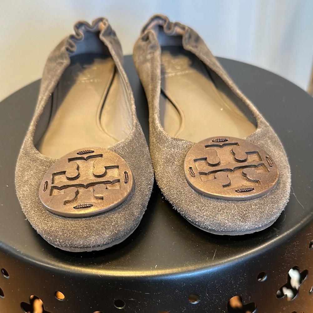 Tory Burch Brown Suede Ballet Flats with Logo Detail